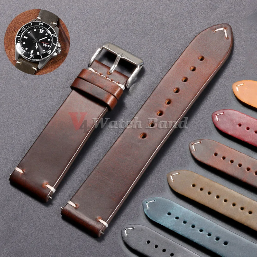 18mm 20mm 22mm Vintage Oil Wax Leather Watchband 19mm 21mm 24mm Wristband Stitching Cowhide Strap for Omega for Seiko Watch Band