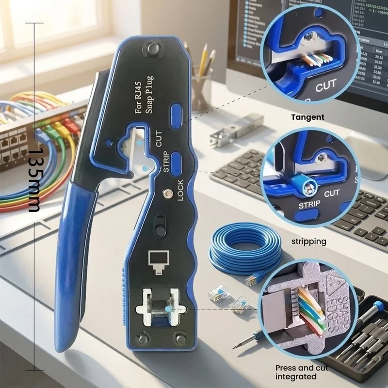 RJ45 8P Pass Through Crimper Tool, Ethernet Network Cable Cutter Stripper Crimping Pliers for Cat5e Cat6 Cat6A Cables