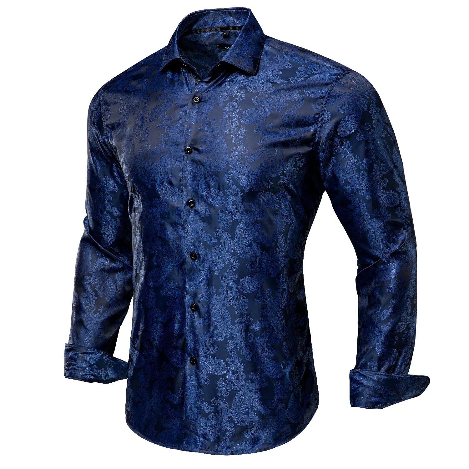 Hi-Tie Mens Shirts Silk Paisley Navy Blue Pink Black White Green Long Sleeve Lapel Shirt Casual Formal for Male Wedding Business