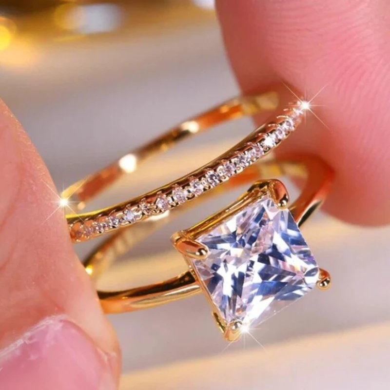 Luxury Women's Square White Zircon Engagement Ring Set Cute Gold Women's Party Accessories Gifts Customized Jewelry