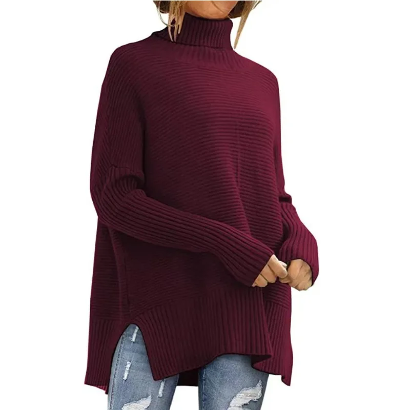 

Women Knit Sweaters Batwing Sleeve Turtleneck Split Pullover Jumpers Casual Solid Sweater Spliced Elegant Lady Autumn Winter
