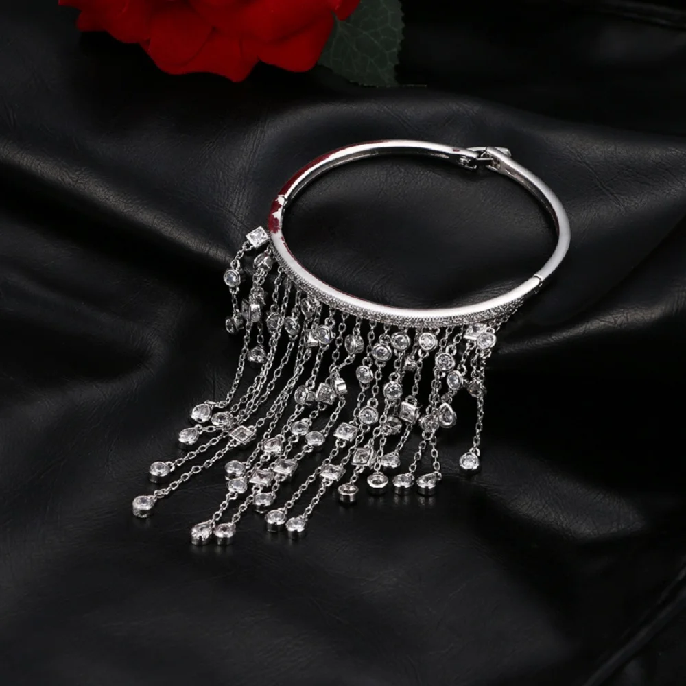 SUGO New Arrival Fashion Luxury Silver Color Shiny White Zirconia Tassel Bracelets for Bride Beautiful Wedding Dress Jewelry