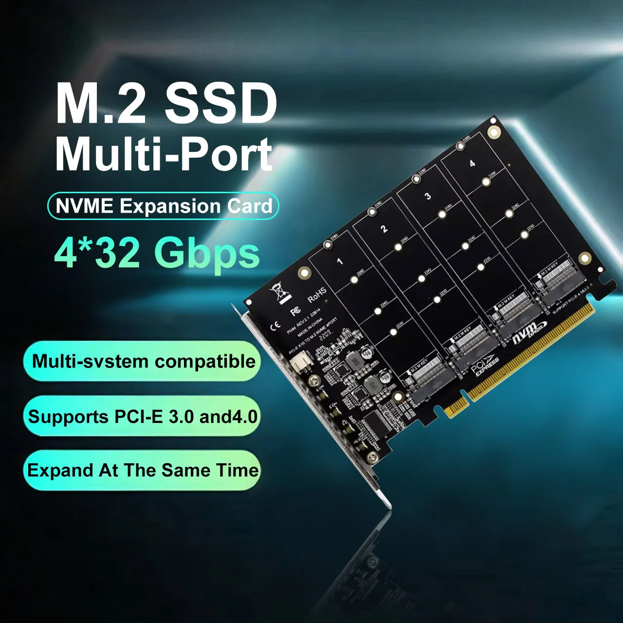 M.2 NVME PCIE 4.0 X16 SSD Expansion Card M.2 SSD GEN4 64GBPS Multi-Drive RAID Adapter Supports 2230 2242 2260 2280