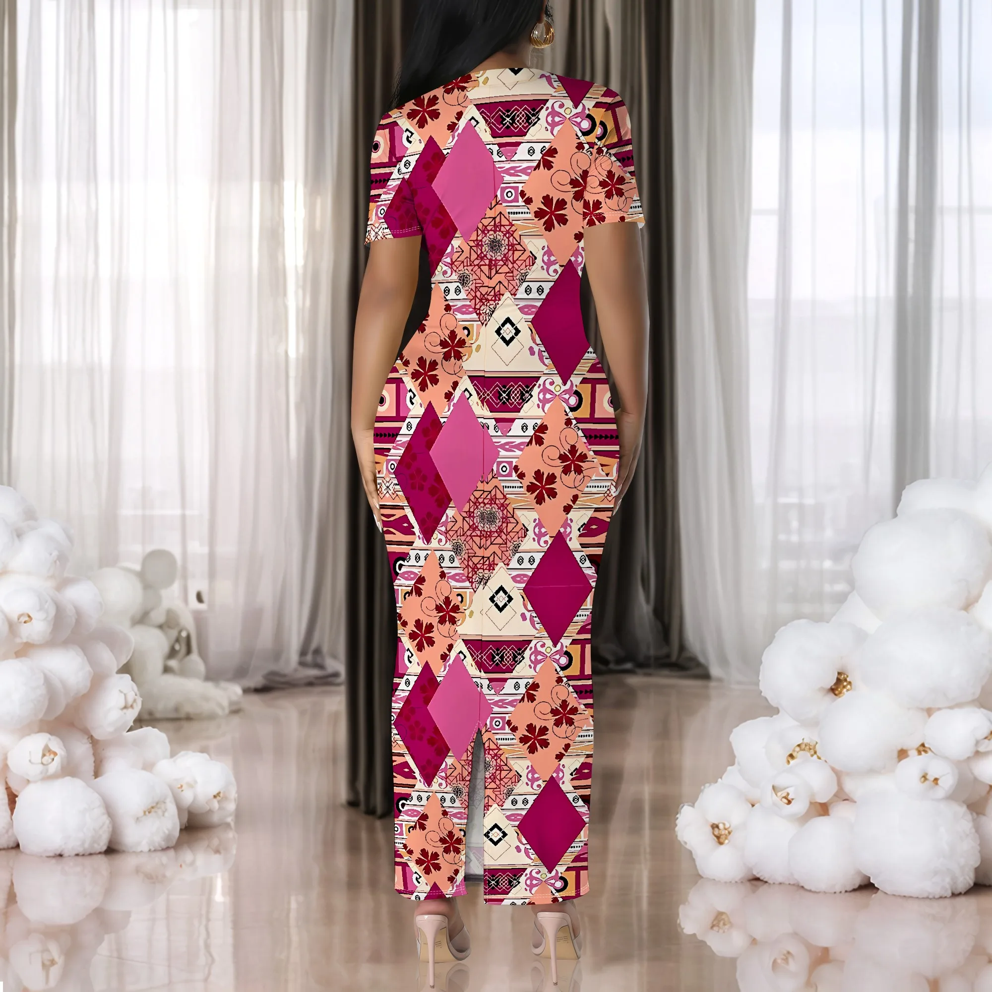 Boho 부족 패치워크 Bodycon 맥시 드레스 짧은 소매 다채로운 민족 스타일 패션웨어