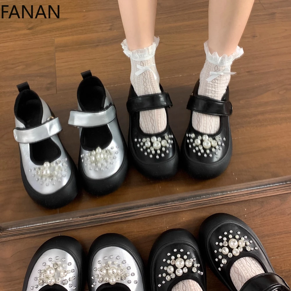 

2025 Summer New Silver Mary Jane Shoes for Women Flats with Pearl Rhinestone Velcro Soft Sole Low Heel Leather Shoes