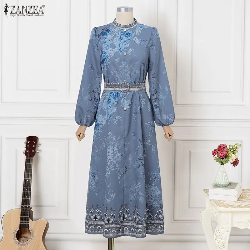 

ZANZEA Elegant Women Dress Floral Print A-line Summer Spring Long Sleeve Long Maxi Dress OL Work Party Belt Vestidos Streetwear