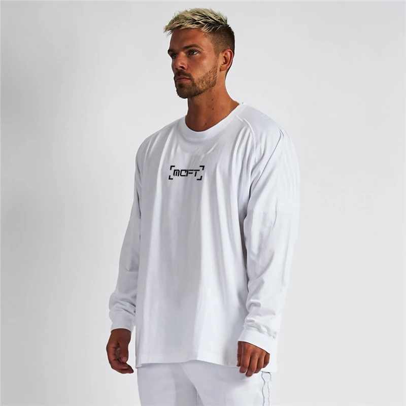 

Men's Autumn Workout Bodybuilding Cotton Tee Shirt Oversized Loose Running Sport Long Sleeve Leisure Clothing Fitness Tops