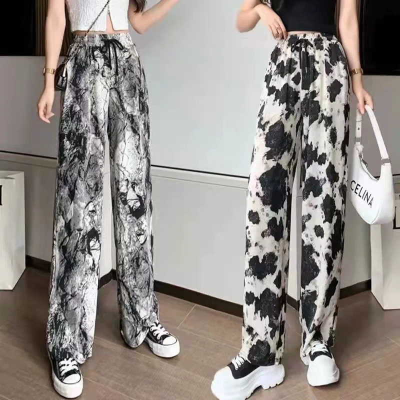 Summer Women\'s Ice Silk Loose Wide Leg Pants Fashion Personality High Waist Casual Pants Ink Tie Dyed Floor Dragging Pants