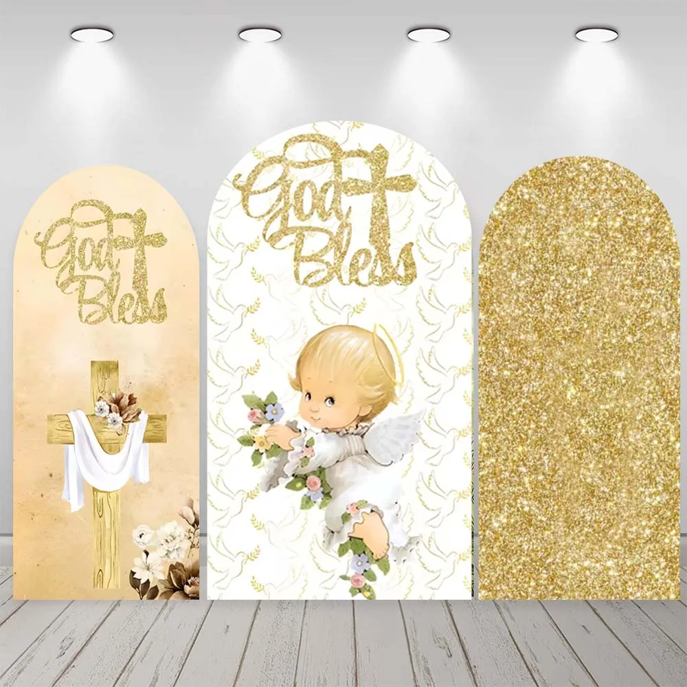 First Holy Communion Photograph Background Custom Glitter Gold Arch Cover God Bless Kid Baptism Party Decor Baby Shower Backdrop