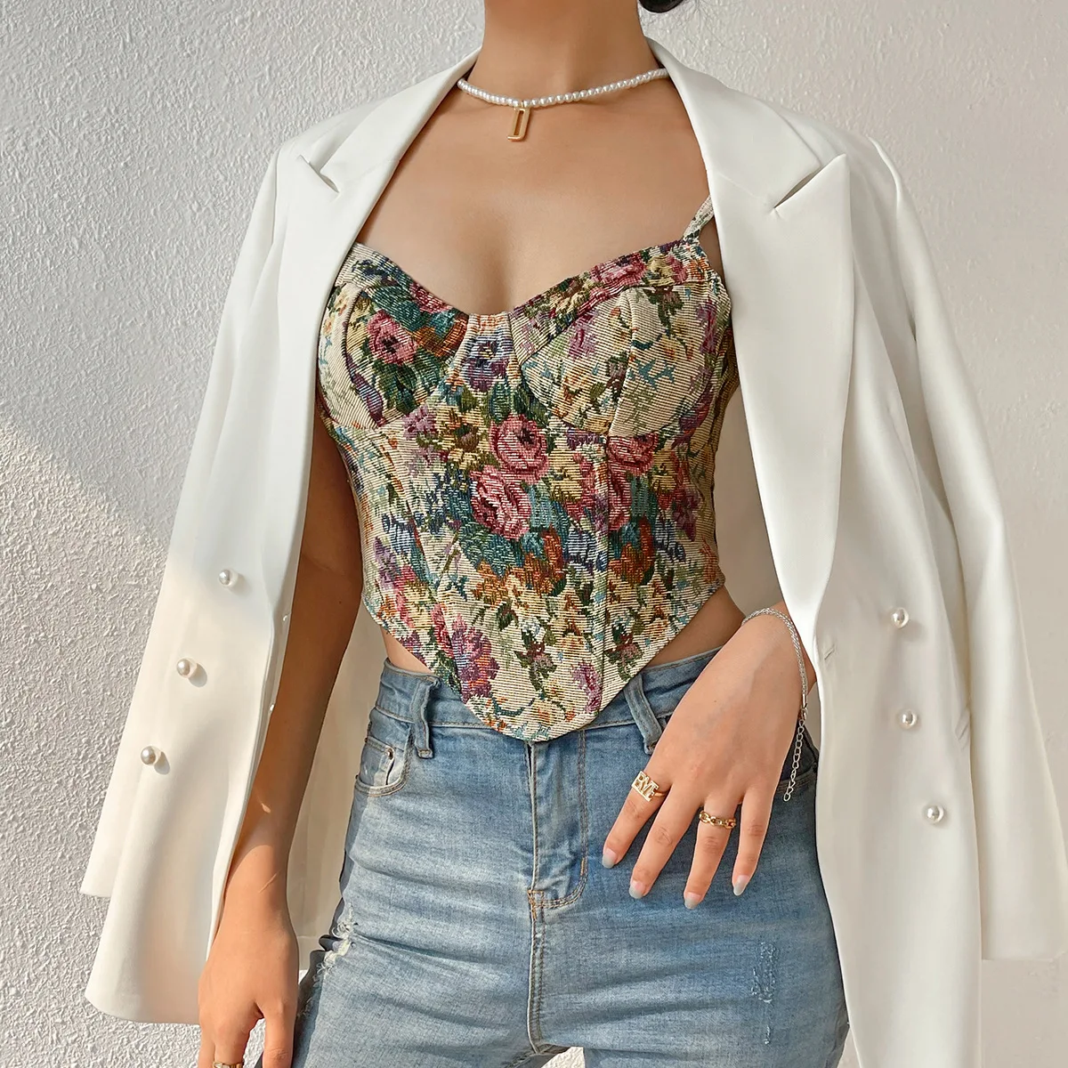 French Vintage Corset Tops Floral Sling Bustier Summer Women Sleeveless Shaperwear Top Crop Bodice Camisole Back Zipper Tank Top