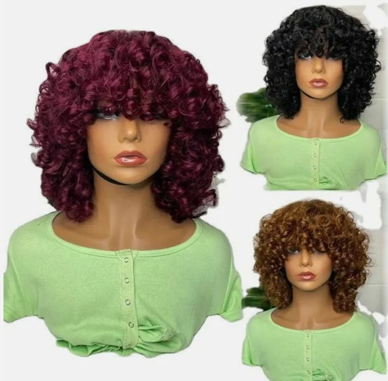 Women Short Brown Red Black Loose Wave Curly Wigs 100% Human Hair Wigs None Lace