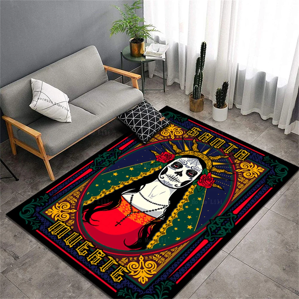 Mexican Goddess Of Death Dia De Muertos Guitar Sugar Skull Art Flannel Carpet By Ho Me Lili For Floor Doormat Decor