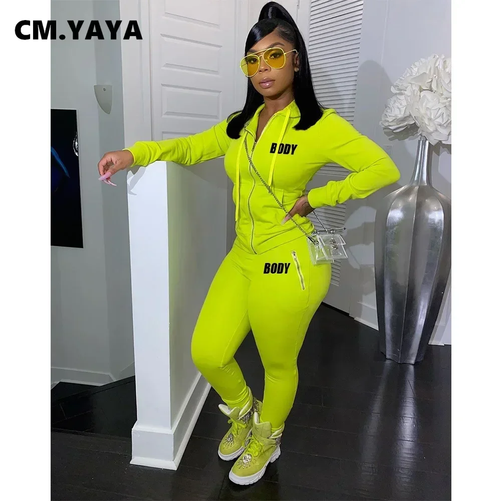 CM.YAYA Spring Winter Body Letter Women Two 2 Piece Set Outfit Zipper Fly Hoodies and Pants Set Active Sport Tracksuit Sweatsuit