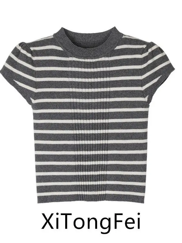 

Knitted Top Women's round Neck Slim Fit Short Sleeve Bubble Sleeve Horizontal Stripe Pattern Fashionable Inner Wear