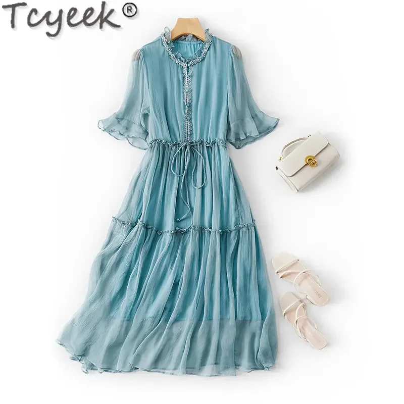 

Tcyeek Elegant 95% Mulberry Silk Dress Women's Beach Dress Summer White Dresses for Women Clothing Mid-length Vestido De Mujer