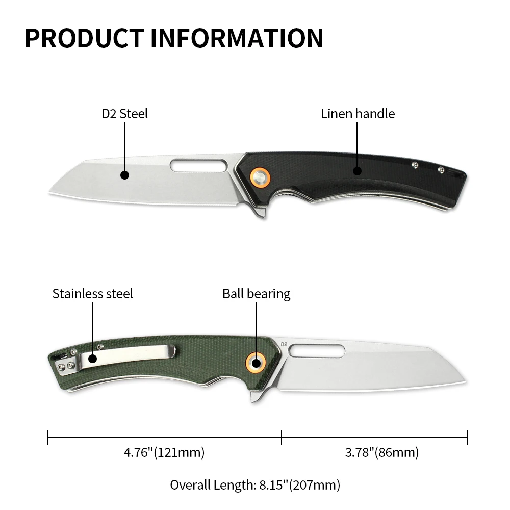 Tunafer TF057 D2 coltello pieghevole manico in fibra di lino campeggio all'aperto autodifesa pesca escursionismo coltello da tasca strumenti EDC per gli uomini