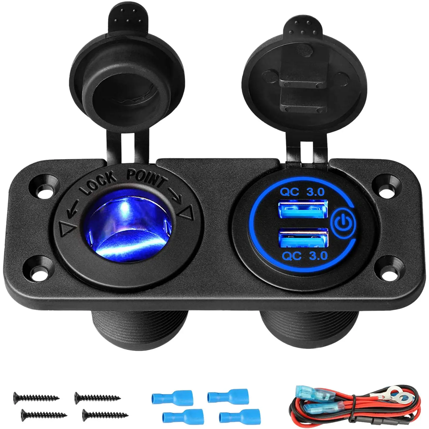 Waterproof 12V Marine USB Outlet Socket Panel, 2 in 1 -Cigarette Lighter Socket & QC 3.0 Dual USB Ports with Switch/LED