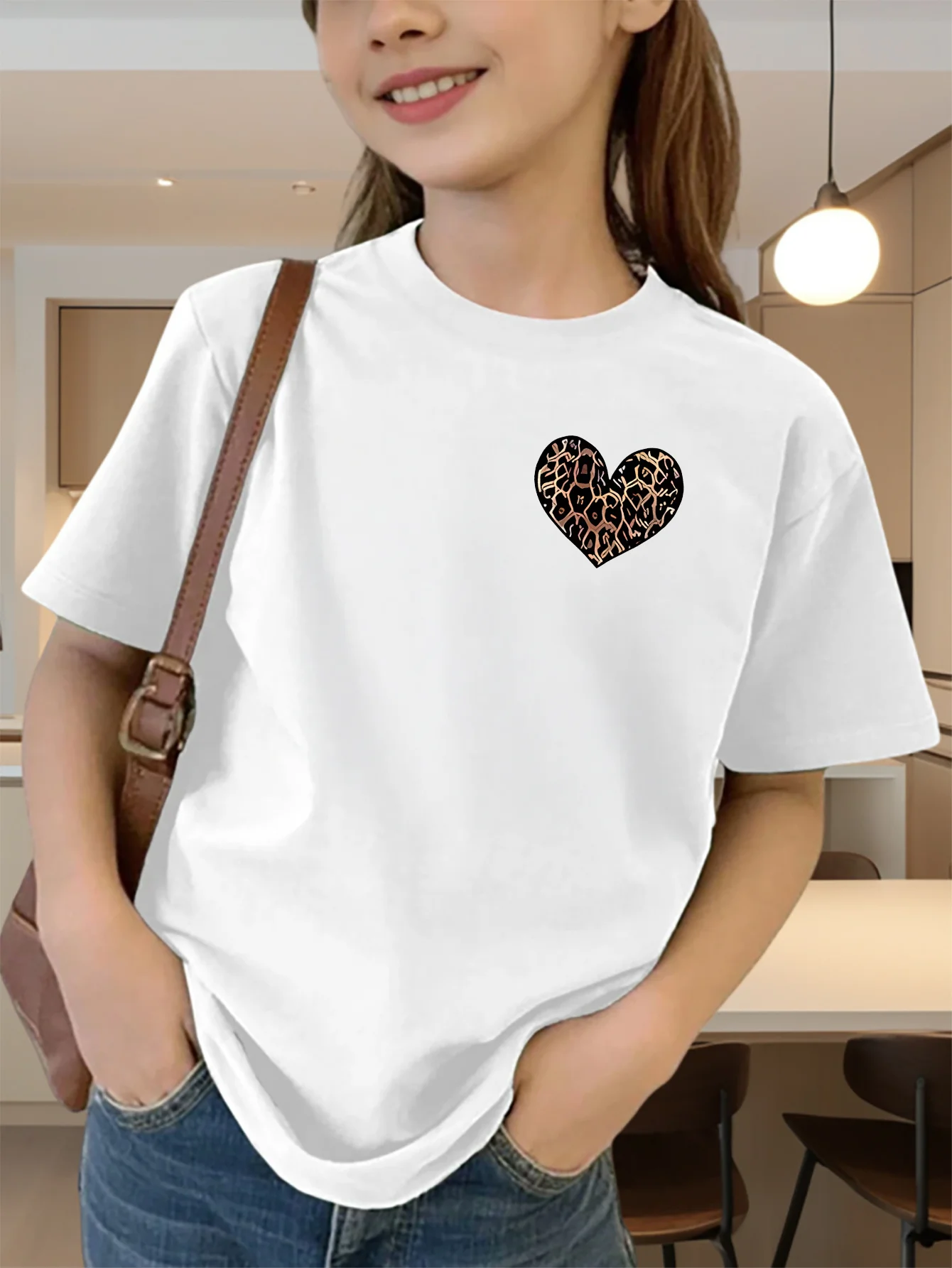 Cute Leopard Print Heart Chest Pattern Graphic Kids Tee Boys Girls Family Matching Cotton Crew Neck Short Sleeve Soft Summer Tee