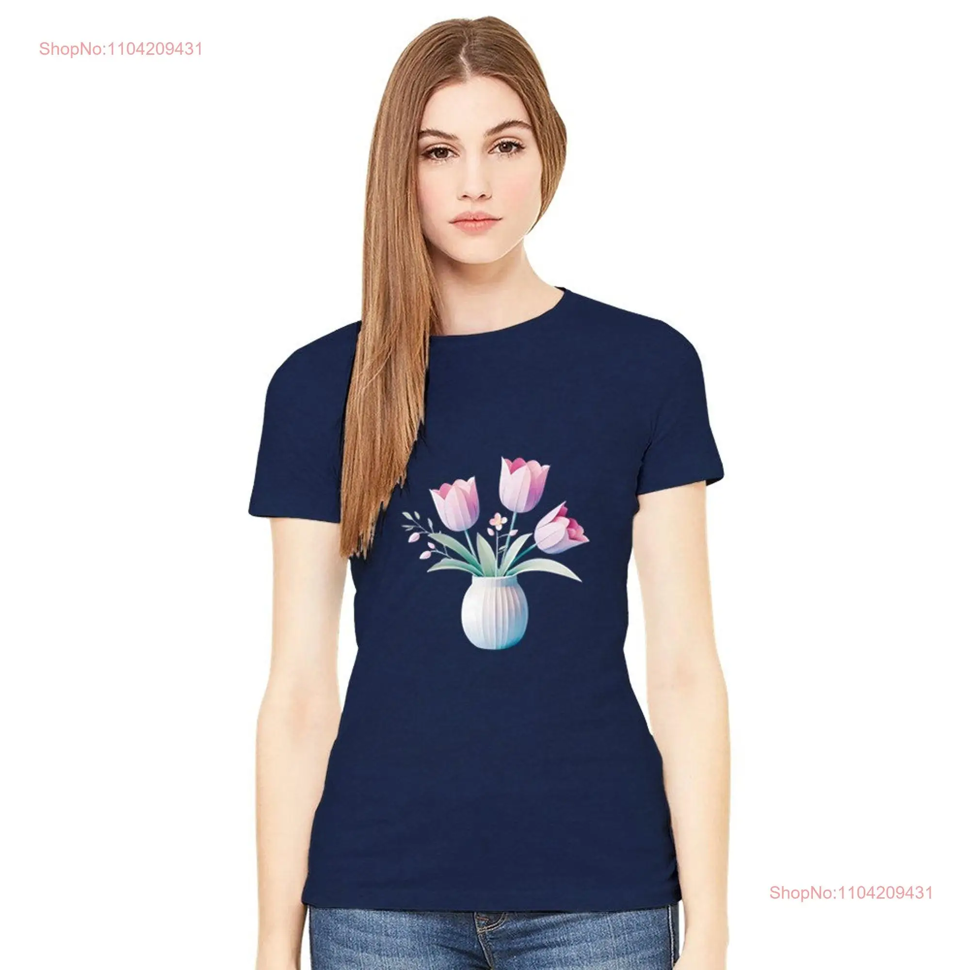 Premium Womens Crewneck T shirt Front flower Pot art for women girls  long or short sleeves