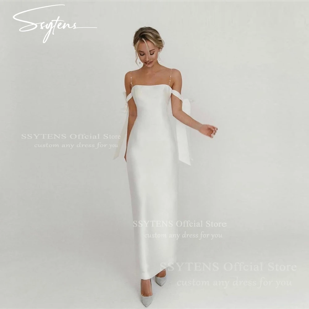 

SSYTENS Simple White Strapless Wedding Dresses With Bow Tie Shoulder Engagement Ankle Length Bridal Gown for Brides Customized