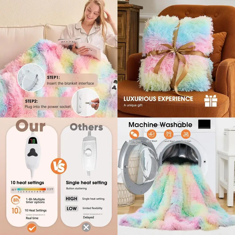 

Twin Size Electric Blanket - Cozy Faux Fur & Sherpa, 10 Heat & 5 Timer Options, Quick Warm, 62x84 Rainbow