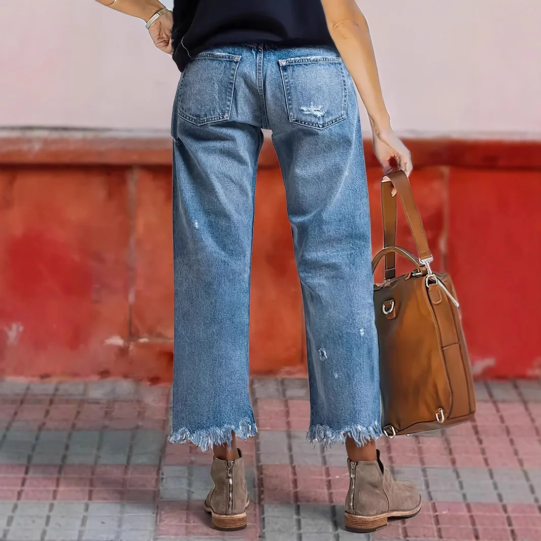 Jeans Women Straight Pants Hole Washed Distressed Mid Waist Tassels Pockets Streetwear 2025 Denims Ankle Length Trousers