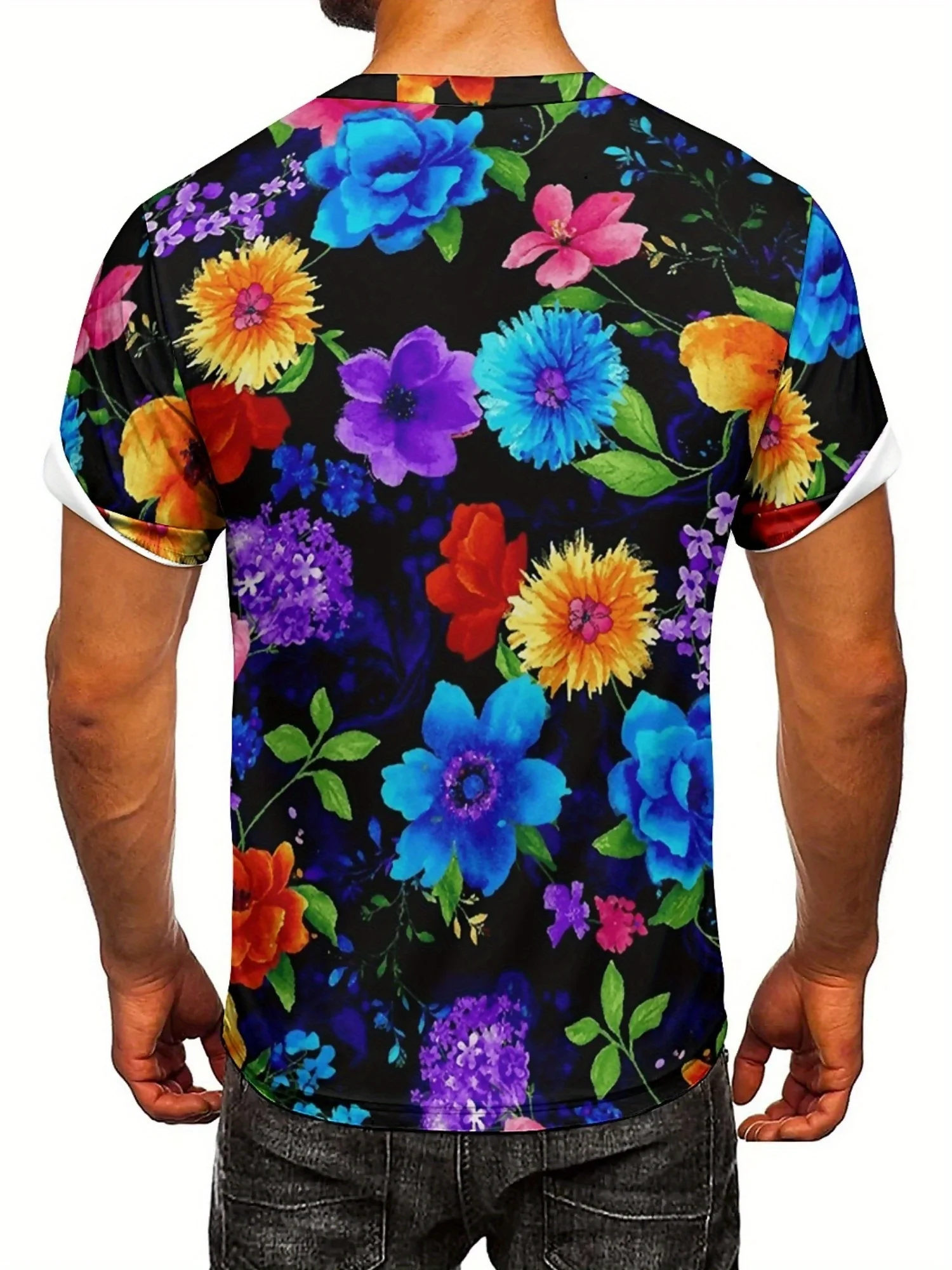 تي شيرت رجالي بأكمام قصيرة مطبوع عليه زهور نابضة بالحياة، نسيج بوليستر ناعم وقابل للتمدد للارتداء الكاجوال والعطلات والرياضة