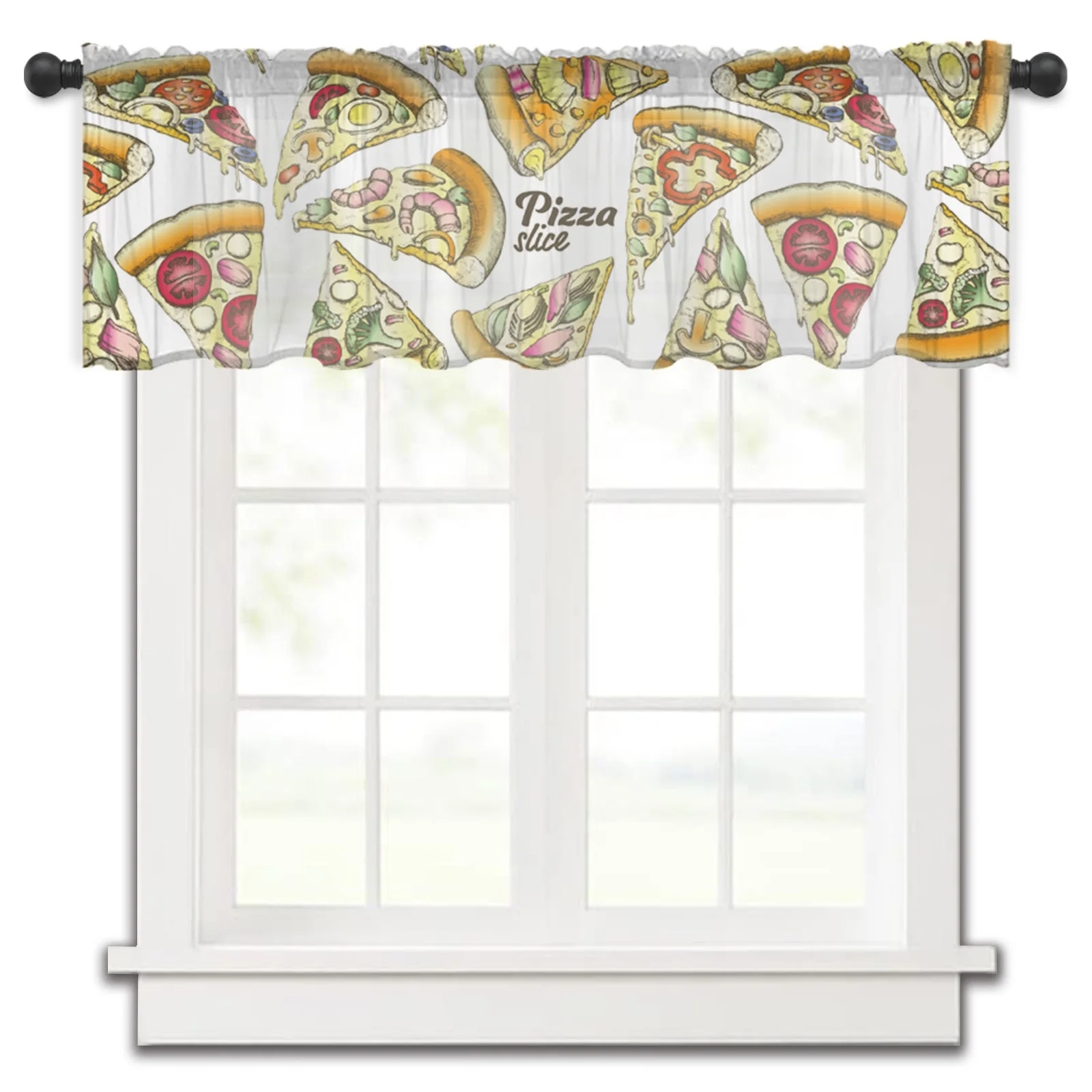 Slice Pizza Burrito Tulle Kitchen Small Window Curtain Valance Sheer Short Curtain Bedroom Living Room Home Decor Voile Drapes