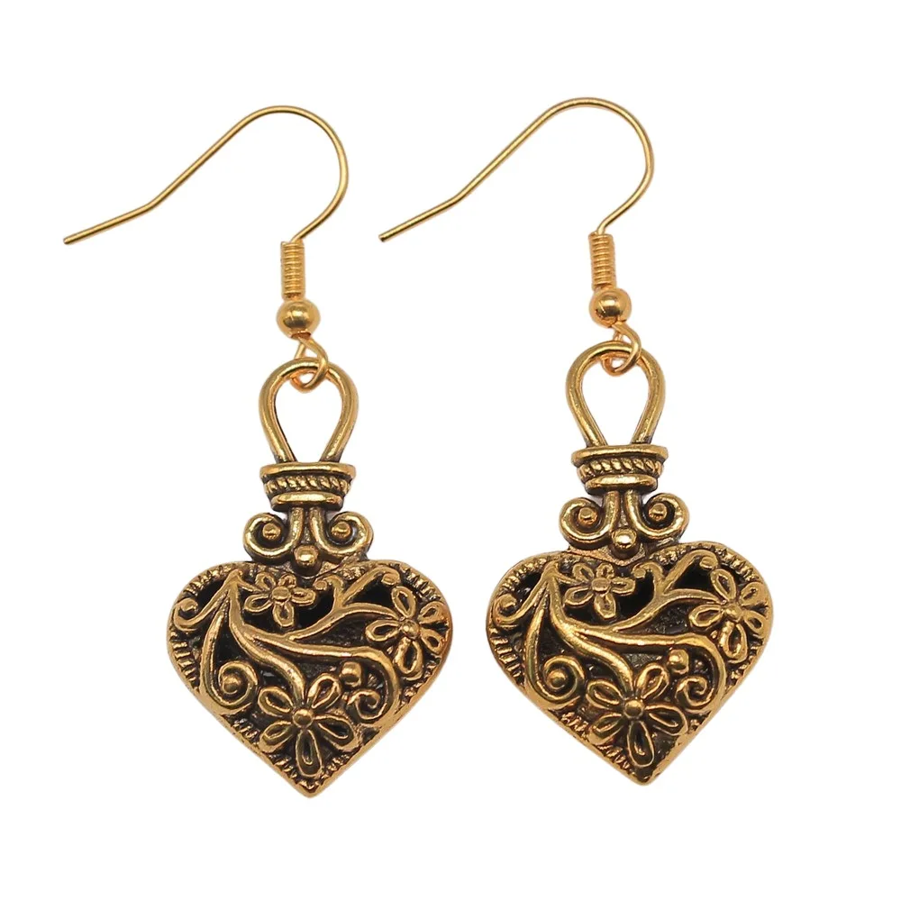 Women Vintage Drop Earrings Fashion Handmade Simple Design 2 Colors Vintage 3D Hollow Flowers Heart Pendant Earrings