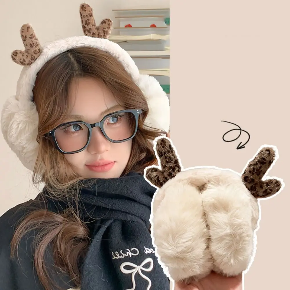 Soft Ear Cap Plush Earmuffs Leopard Print Deer Antler Winter Earmuffs Keep Warmer Windproof Imitation Fur Ear Cover Winter