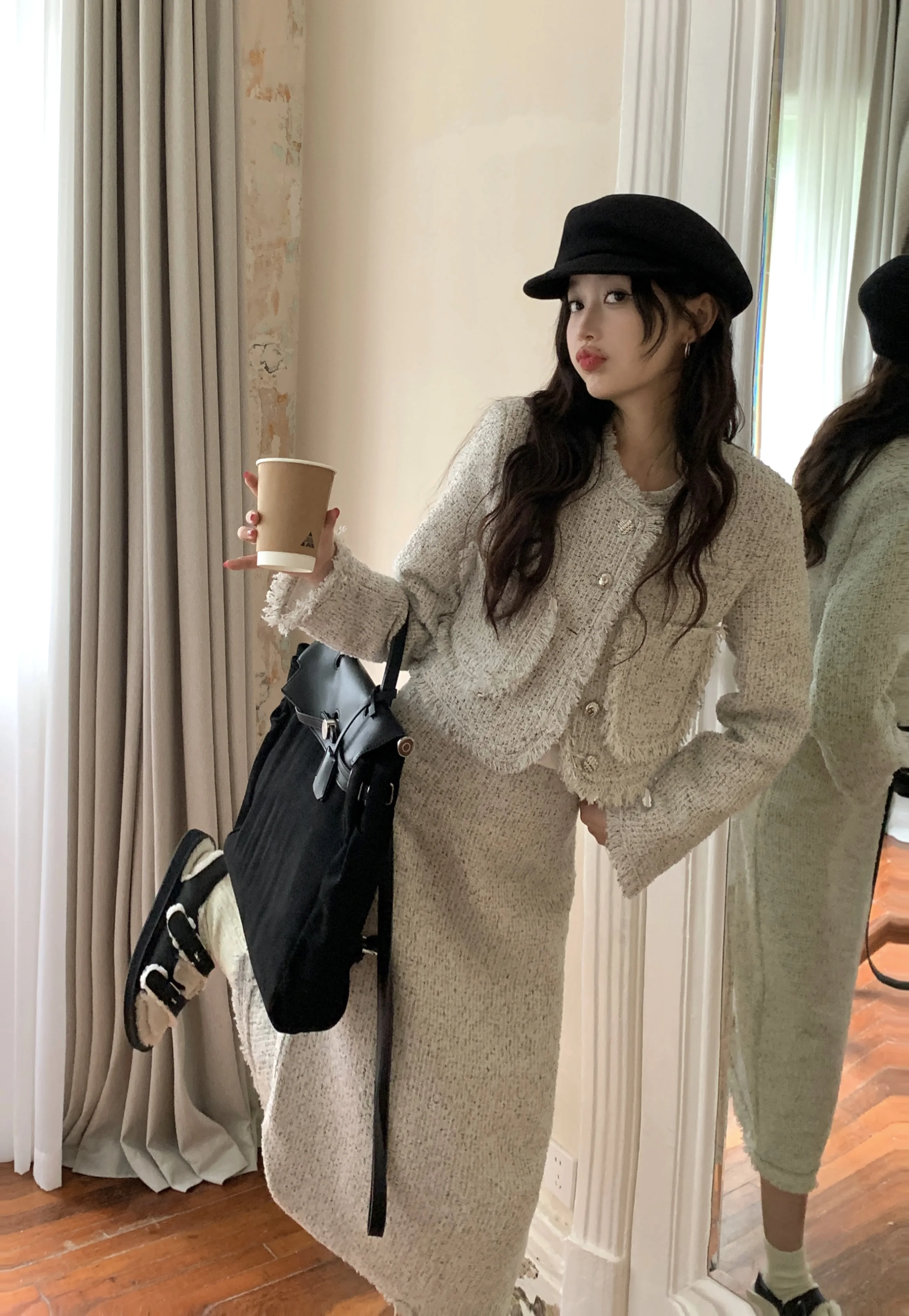 Plus Size Women's Elegant High-end Woven Tassel Suit Jacket Autumn and Winter Lady Short Coat Top High Waist Skirt Two-piece Set