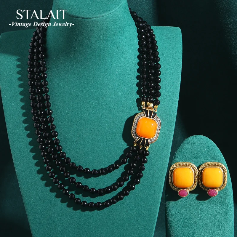 

Vintage Layered Black Beads Necklace Wedding Jewelry Sets Yellow Natural Stone Candy Earrings Night Party Accessories For Women