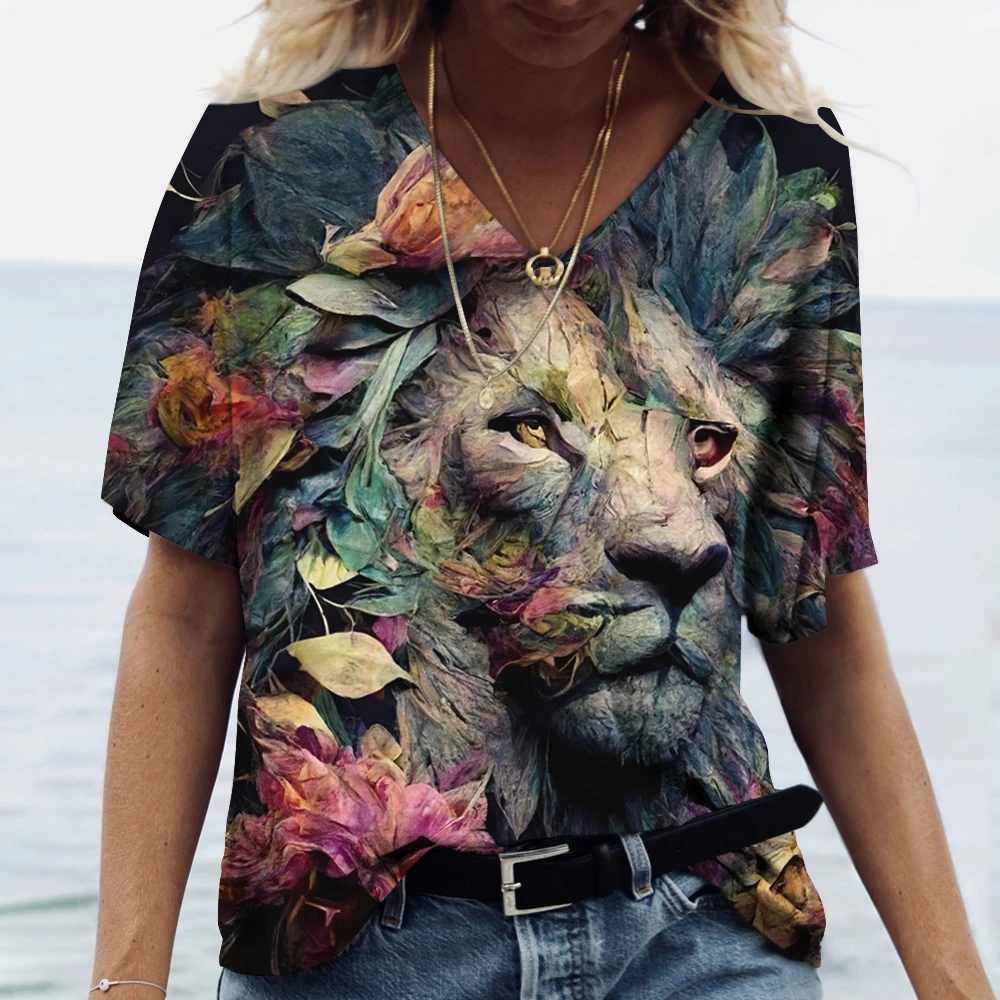 New Women\'S T Shirt 3d Animal Print V-Neck Short Sleeve Tops Tees Streetwear Female Oversized Tshirt Fashion Woman Clothing 2023