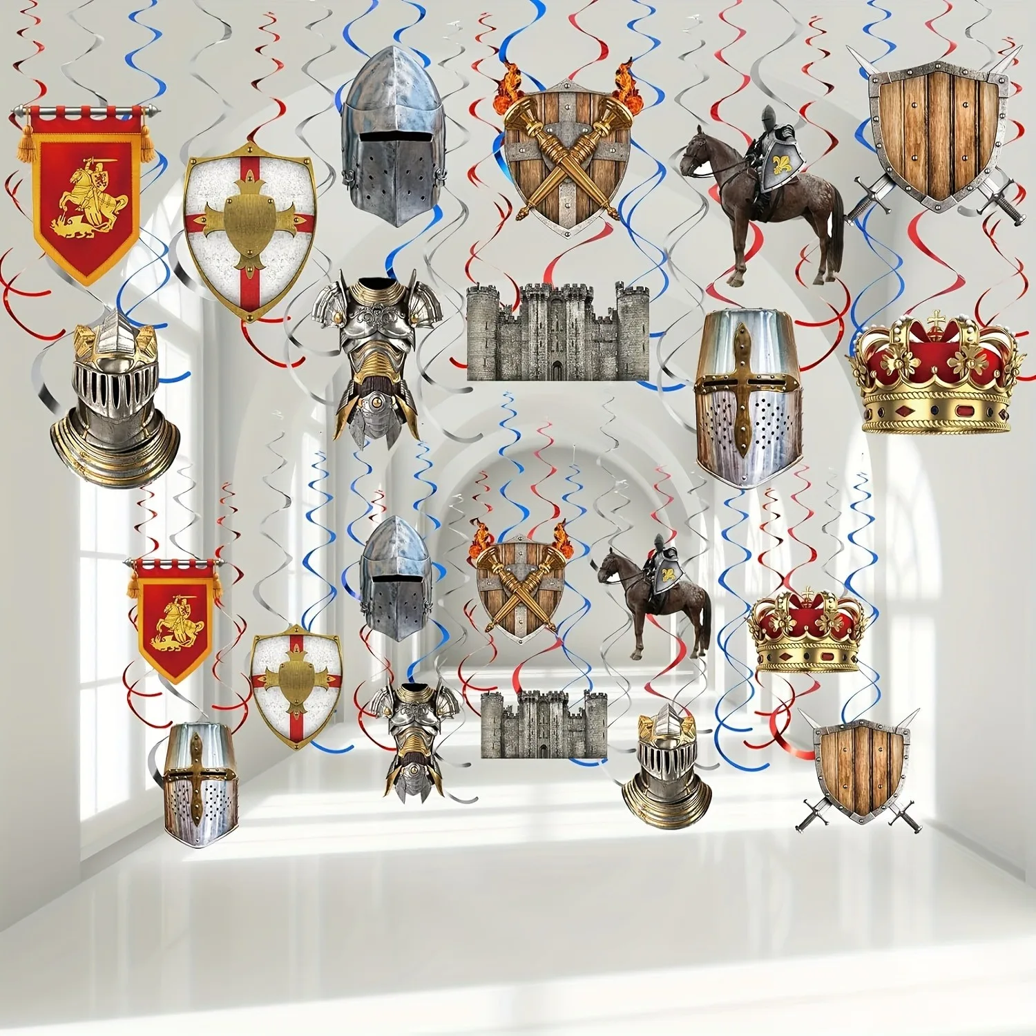 Decoraciones Colgantes en Espiral de Caballero Medieval, Adornos de Casco y Escudo de Castillo para Fiestas Renacentistas y Cumpleaños