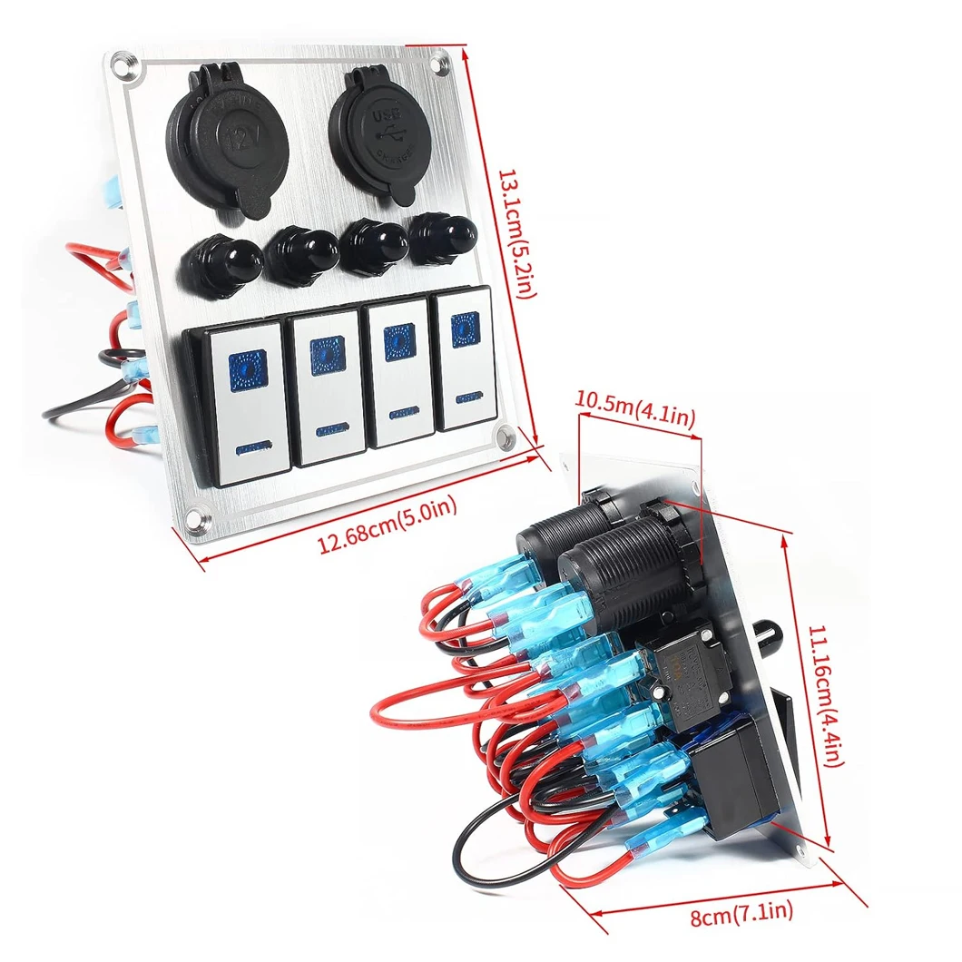 Automotive Switch Panel 4Gang ON-OFF Dual LED Rocker Switch+Dual USB 5V4.2A Car Charger+Cigarette Lighter Socket+Circuit Breaker