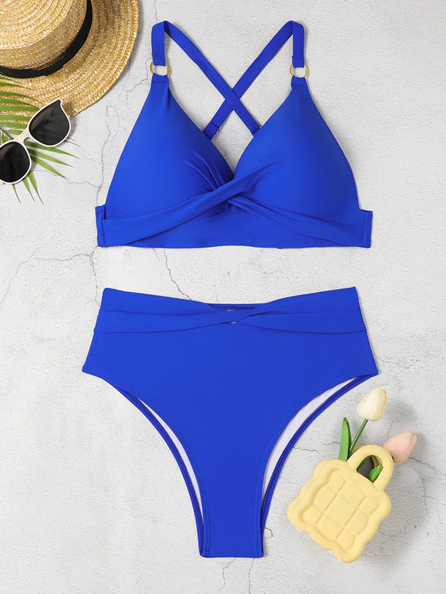 2024 Cross Ring Link Two Piece High Waist Bikini Women Swimwear Female Swimsuit Bathers Bathing Swimming Suit Beachwear Summer