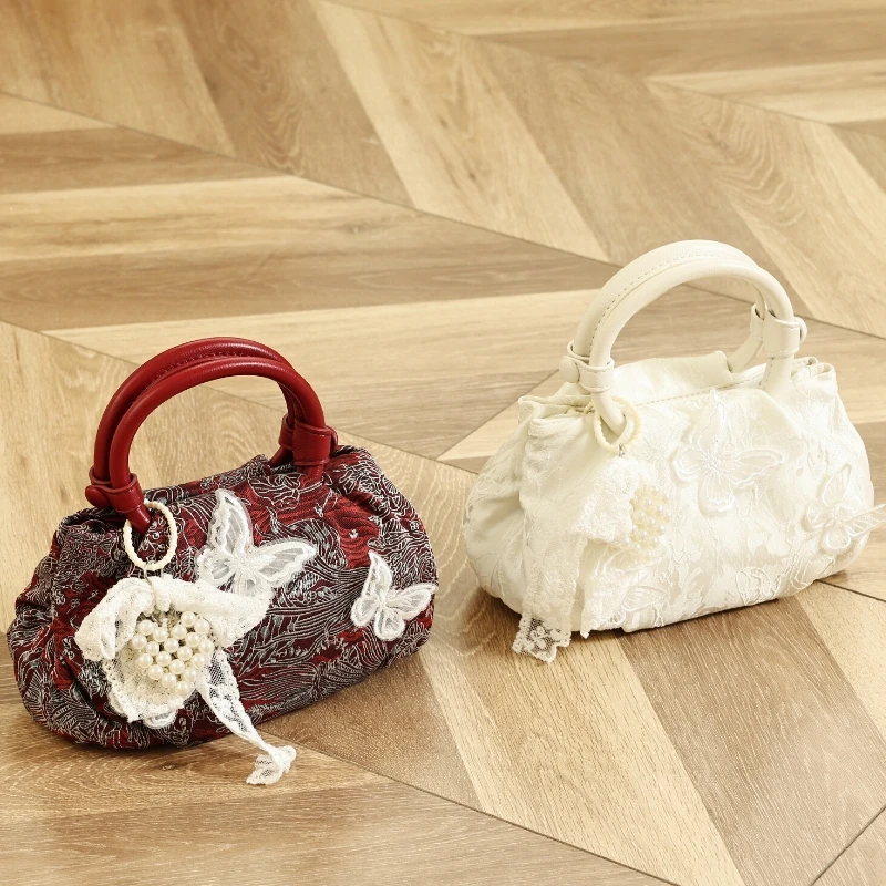 

New Chinese Style Embroidered Cloud Ruffled Handbag Women's Fashion Soft Lace Butterfly and Pearl Decoration Shoulder Bag 2026