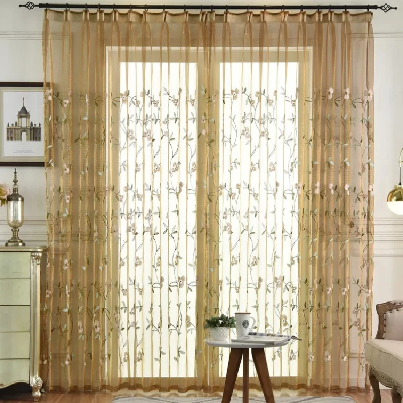 New Chinese Style Tulle Curtains for Living Room Bedroom Coffee Color Magnolia Embroidery Curtain Transparent Decorative Screen