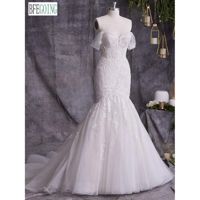 

Lace Tulle Mermaid/Trumpet Wedding Dresses Chapel Train Custom Made Sweetheart Bridal Gowns Strapless