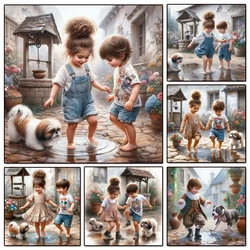5D Diamond Painting Cross Stitch Cartoon Little Girl and Boy Cat and Dog Embroidery Full Diamond Mosaic New 2024 Home Decor