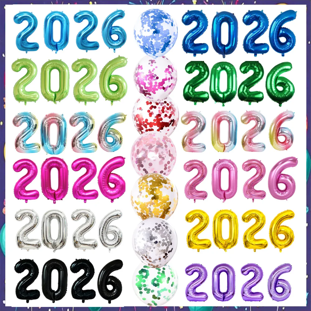

32inch 2026 Foil Balloons Color New Year Party Decorations Anniversary Supplies 12 Inch Glitter Latex Balloons Photo Booth Props