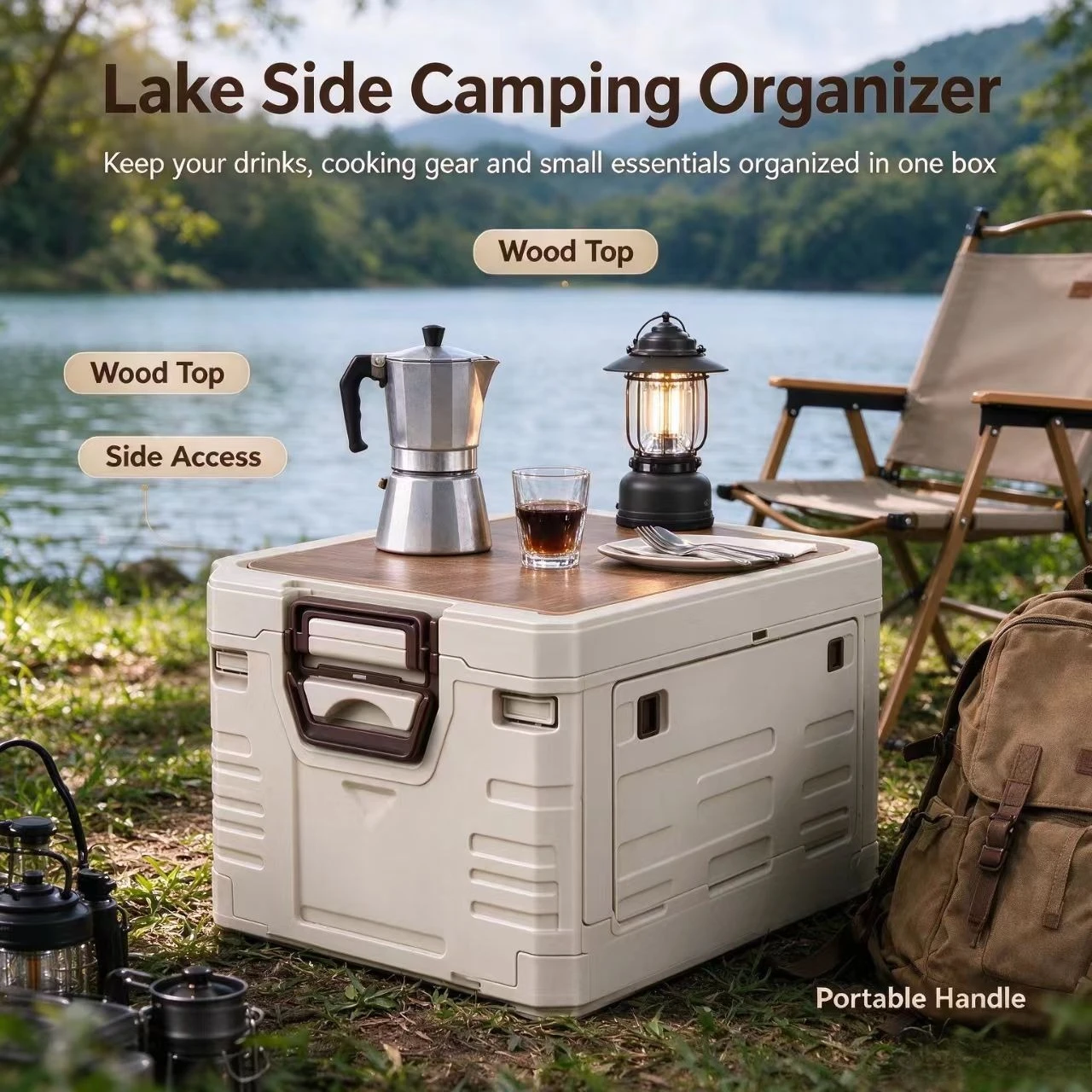 Outdoor Camping Box Turnover Handling Box Folding Storage Box Flip Storage Box Wooden Cover Car Trunk Storage Box