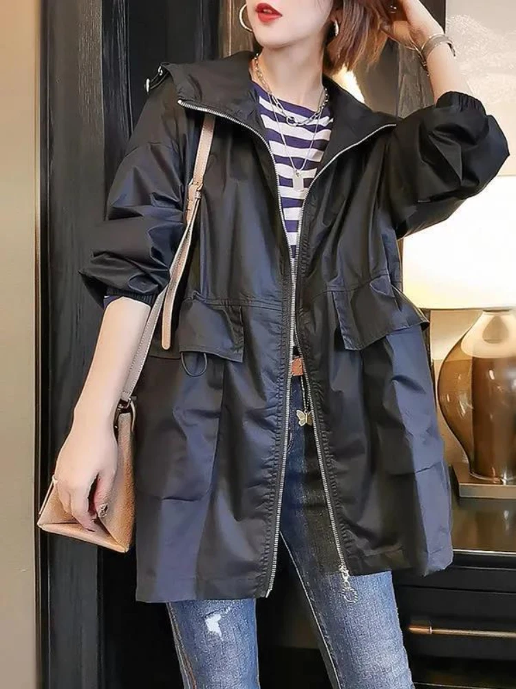 

Nice Spring Autumn Jackets Mid-Length New Tops Khaki Fashion Loose Long Sleeve Casual Hoods Jacket Woman Trench Coat for Women