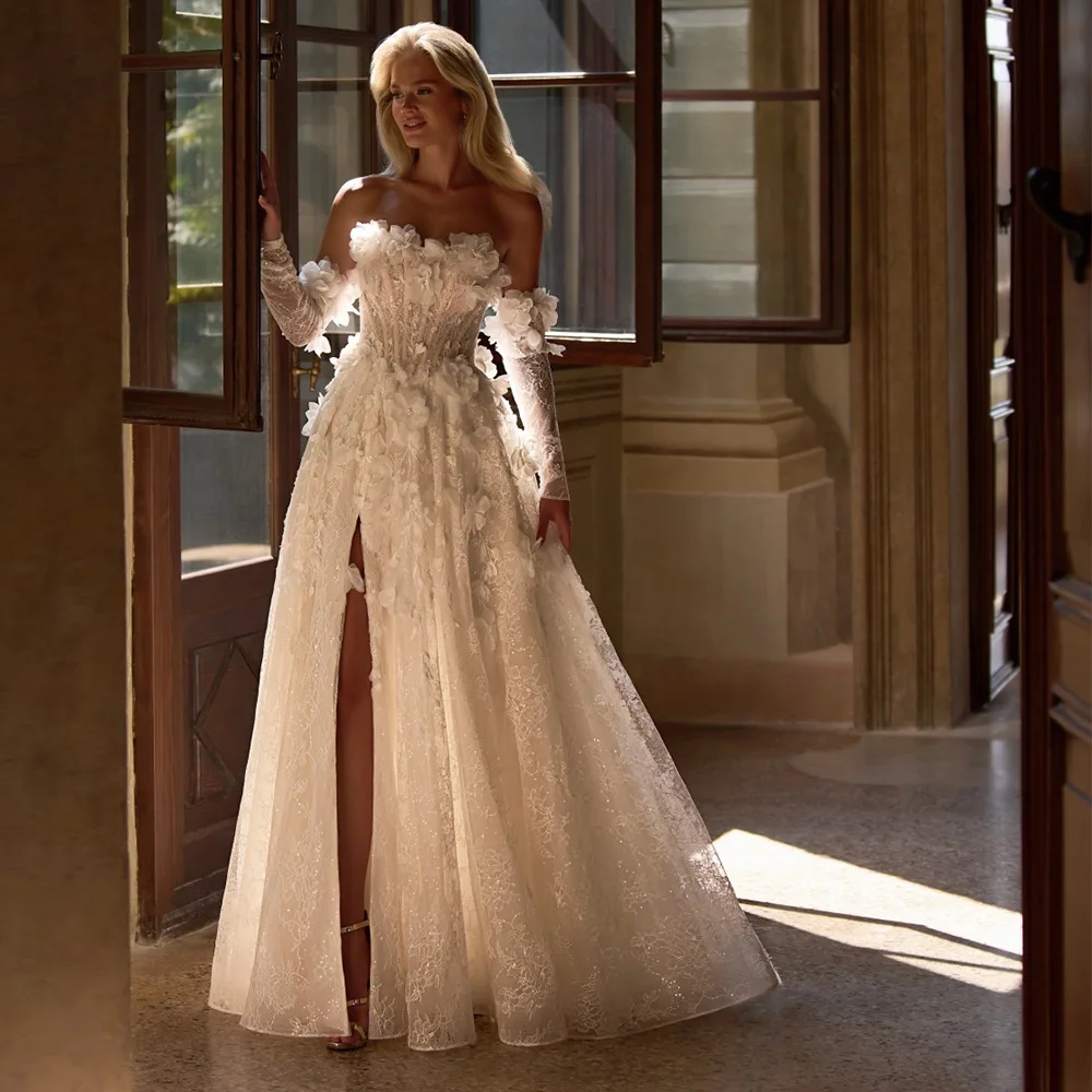 

Dreamy Handmade Flowers Customized Bridal Gown Elegant Organza Sleeveless Wedding Dress Modern Side Slit A-Line Vestido De Novia