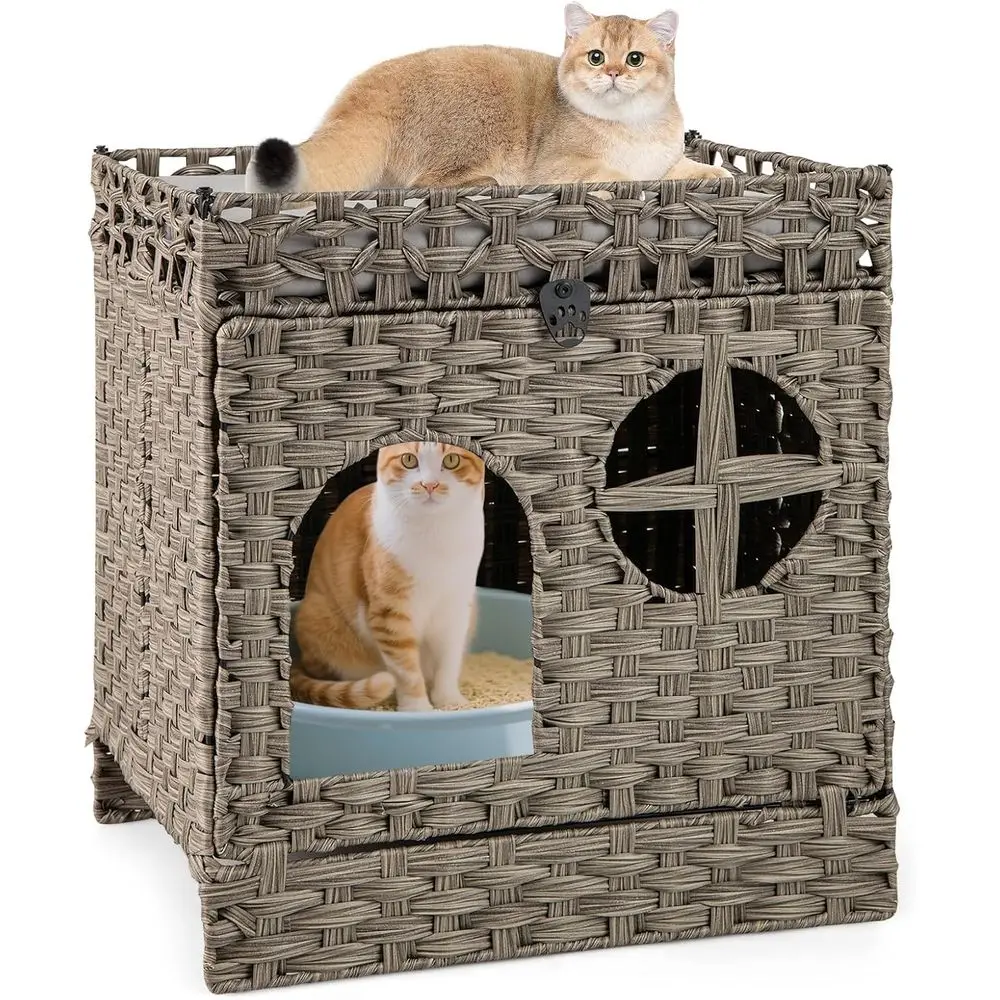 

Rattan Cat Litter Box Enclosure with Litter Mat, 2-Tier Wicker Cat Condo, Elevated Top Bed with Removable Cushion, Indoor Pet Ho