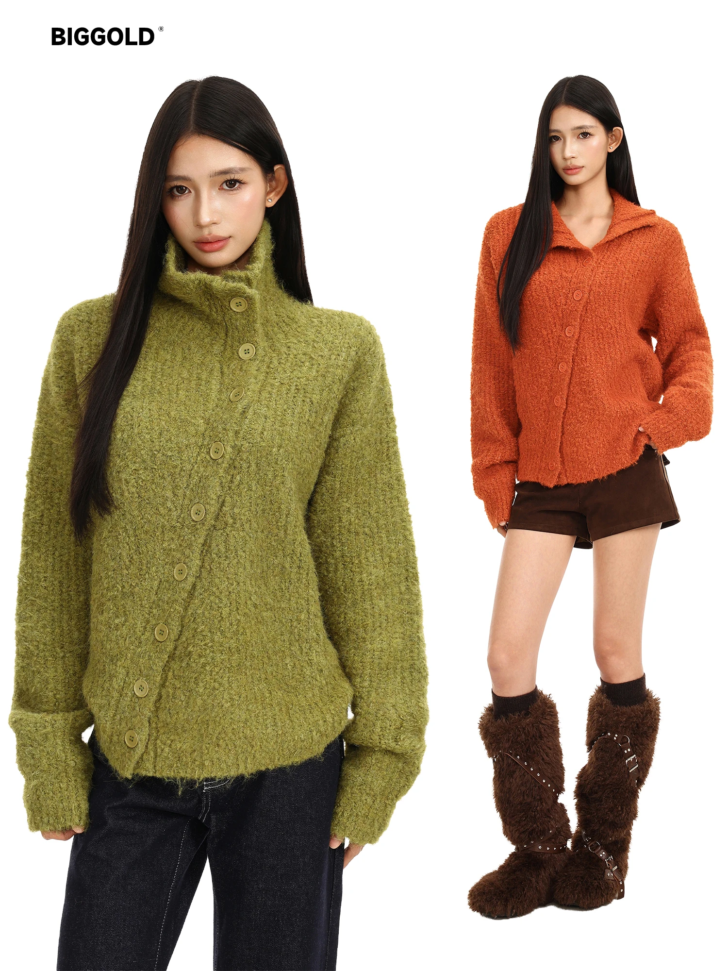 Biggold Women's Woolen High Collar Open Cardigan Sweater Autumn Winter Loose Fit Outerwear Thickened Knitwear Top