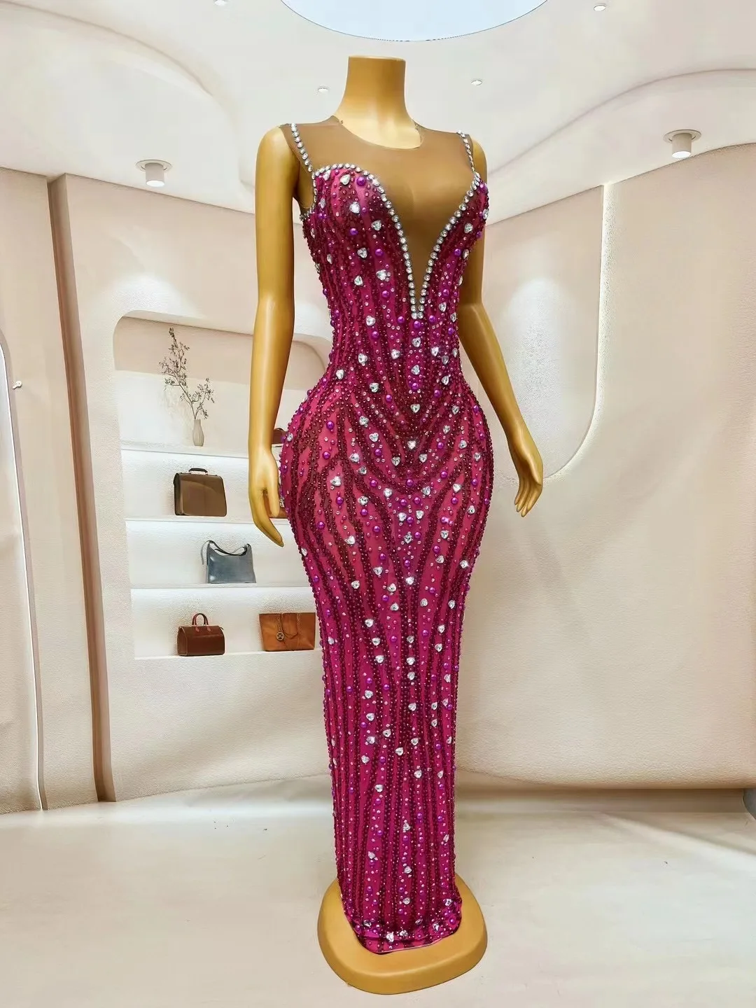 Sexy Stage Rose Rhinetones Pearls Sleeveless Dress Birthday Evening Celebrate Costume Dance Birthday Party Show Evening Dress