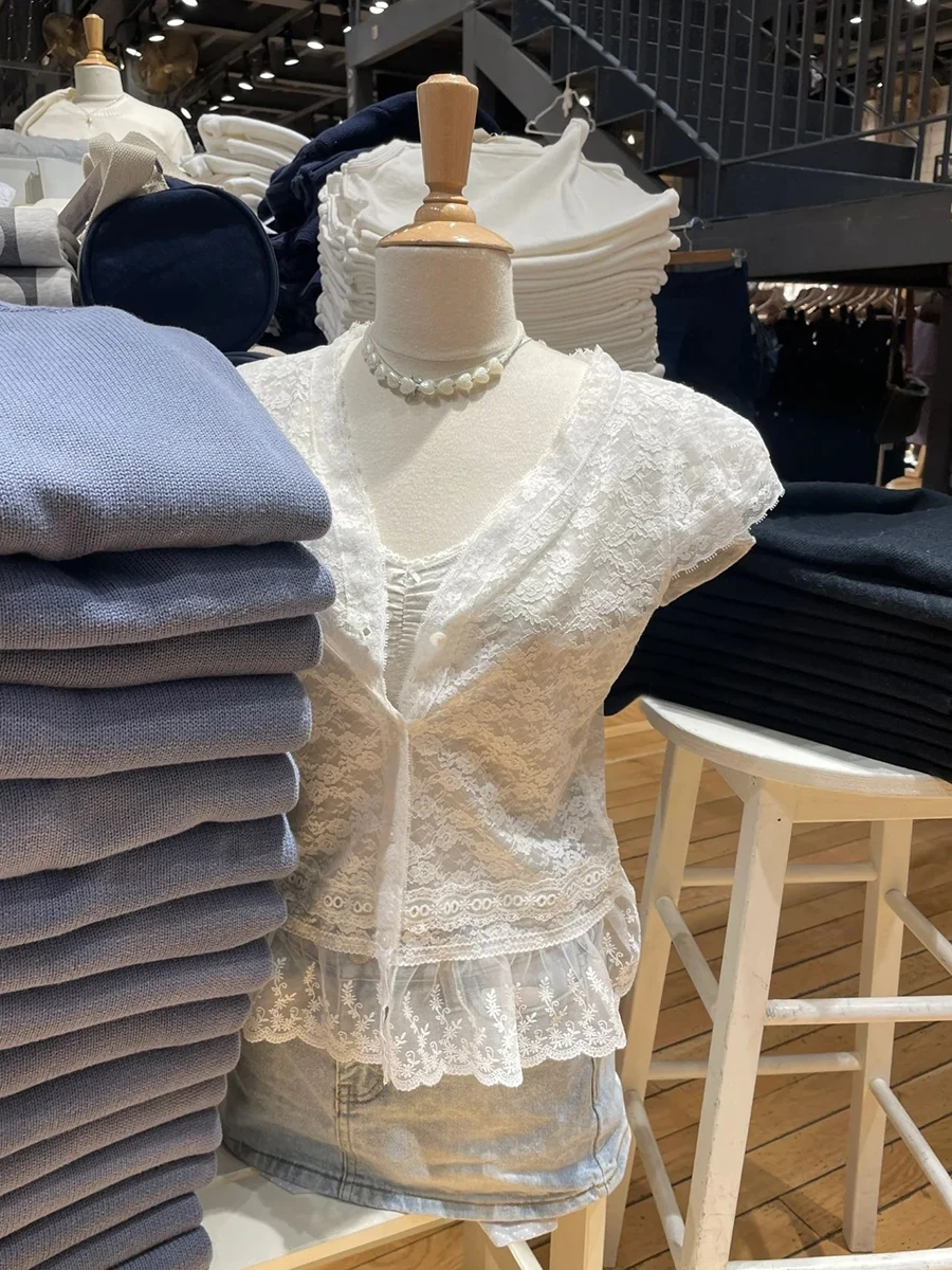 Floral Lace Embroidery Transparent T-Shirt Woman Summer Ruffles Short Sleeve V-neck Thin Tees Casual All-match Sweet Tshirt Y2k