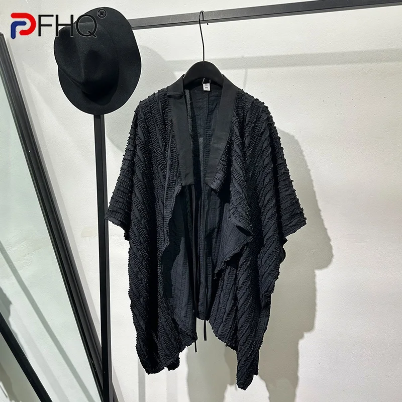 PFHQ Men's Irregular Wrinkles Windbreakers Summer Lace-tied Half-sleeve Silhouette Cloak Male Coat Avant-garde Design 21Z4892