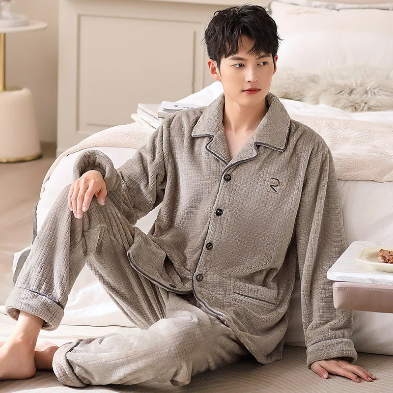 

Men flannel pyjamas home clothes big yards sleepwear long sleeve pajamas for male pijama hombre coral fleece winter pijamas 3XL